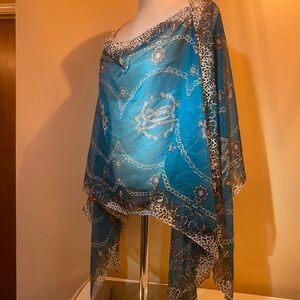 Blue Sheer Poncho with Chain and Cheetah Print faux pearl accents